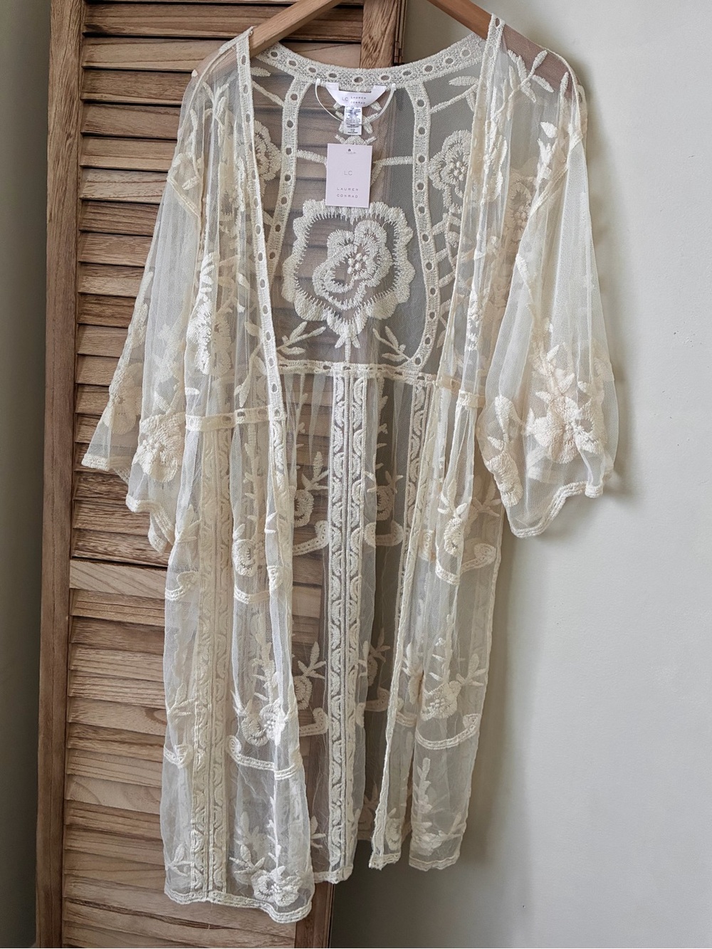 LC Lauren Conrad Ivory Embroidered Mesh Kimono Cardigan OS NWT Cottagecore Fall
